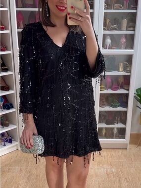 Zara Black Sequin Fringe Mini Dress